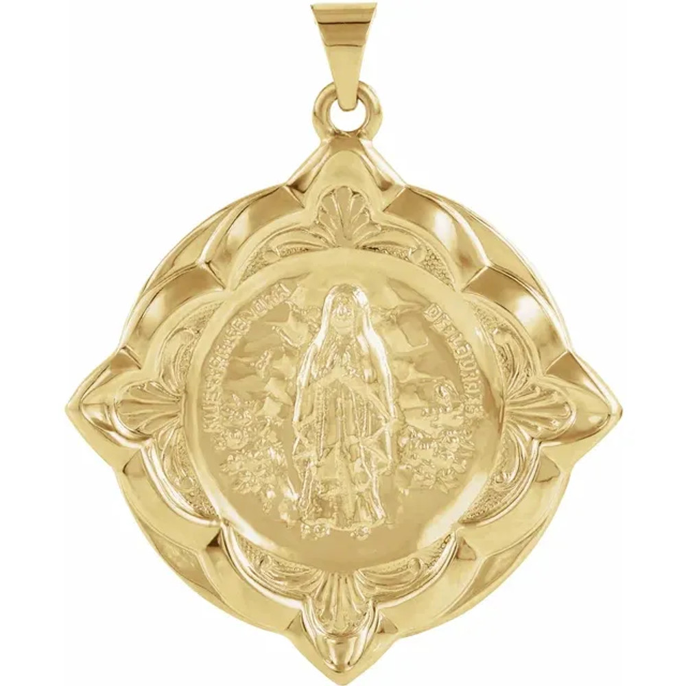 This Our Lady of Lourdes hollow Back Medal is all 14K Solid Yellow Gold. The beautifuly crafted scalloped boarder adds to this very detailed medal.