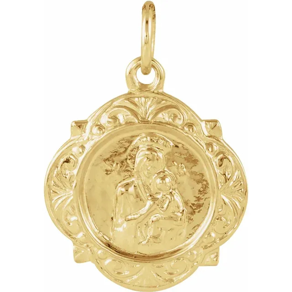 Adorn your attire with beauty and grace when you wear this Our Lady of Perpetual Help medal. This Our Lady of Perpetual Help medal features a awe-inspiring design commemorating a appreciated religious icon. It measures 12.14 x 12.09 mm and is the perfect size to be strung on matching yellow gold chain. Celebrate your favorite religious hero with this Our Lady of Perpetual Help medal in 14k yellow gold.