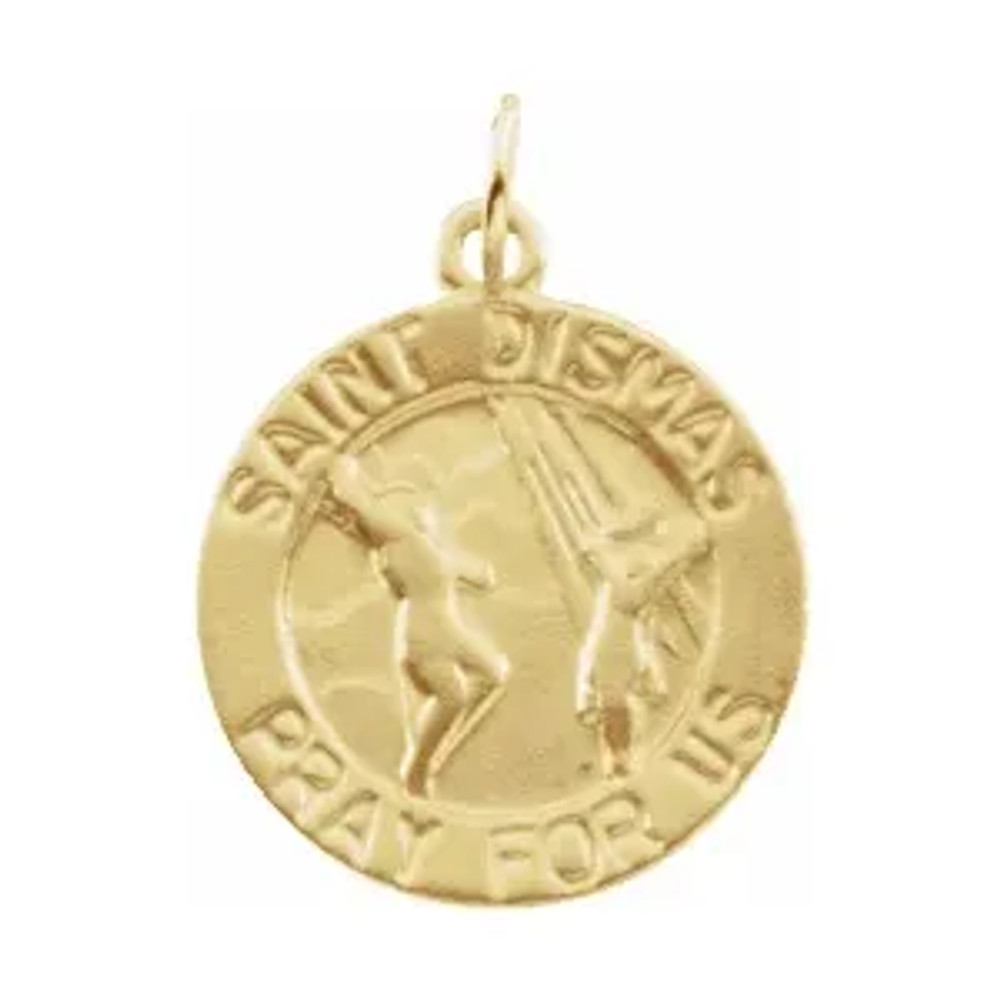 This Solid 14K Gold medal is of Saint Dismas. St. Dismas is the patron saint of funeral directors and prisoners.