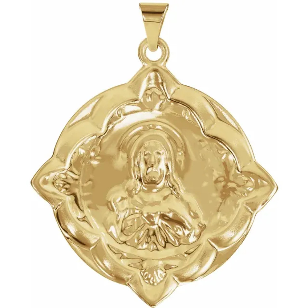 This Sacred heart hollow back medal is all 14K Solid Yellow Gold. The scalloped boarder adds to the already detailed medal.