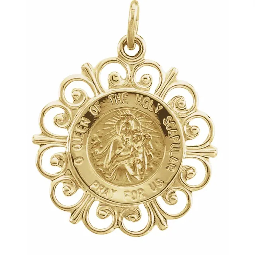 This Round Scapular Pendant Medal features dimensions of 18.5 millimeters, approximately 3/4-inch round. Made of 14K Yellow Gold, this religious jewelry piece weighs approximately 1.54 grams.