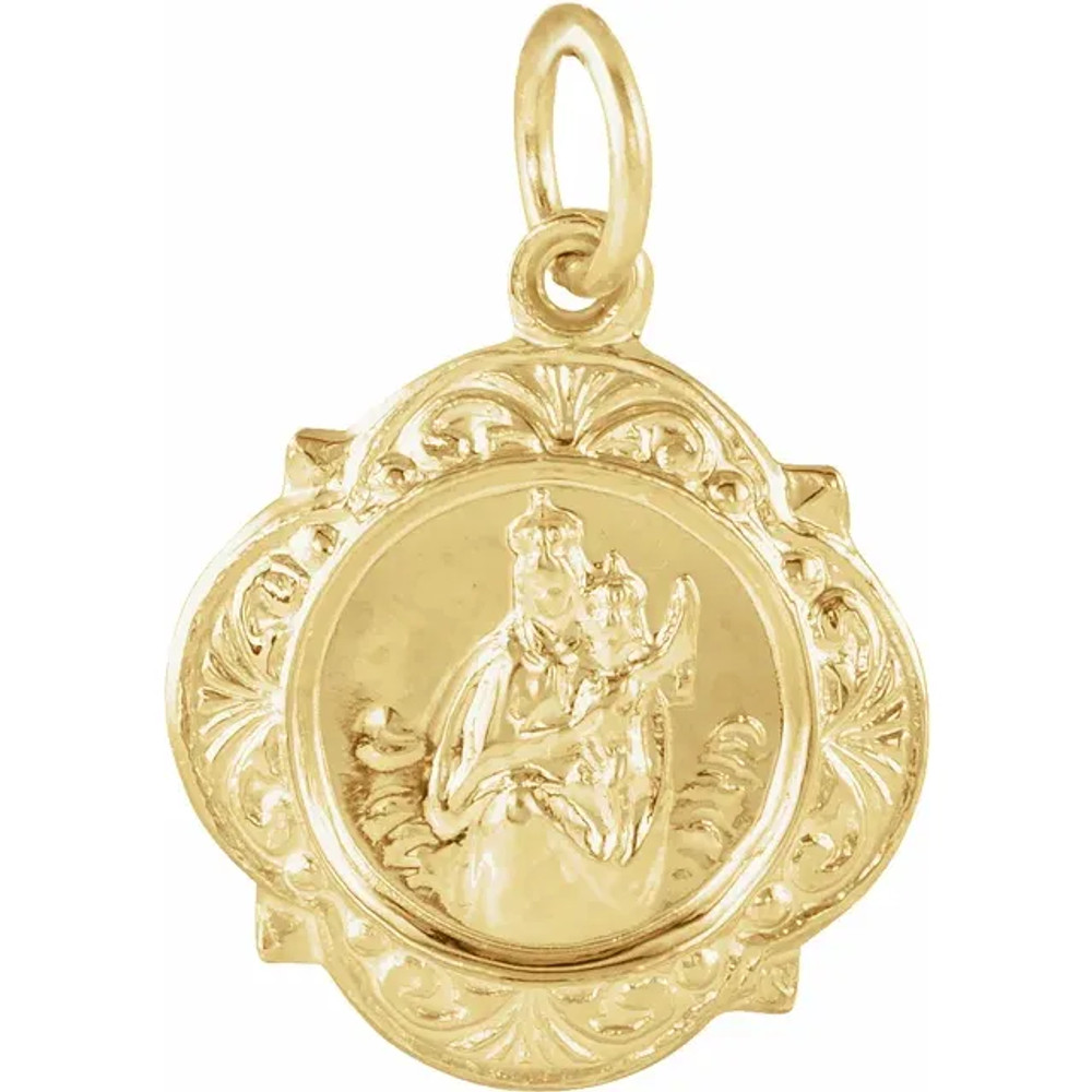 This fine scapular medal is a wardrobe essential for any Christian. This sacred scapular medal is made of 14k yellow gold and measures 12.14 x 12.09 mm. All it needs is a matching yellow gold chain and it will be ready to wear. This scapular medal is destined to be a loved accessory for many generations to come.