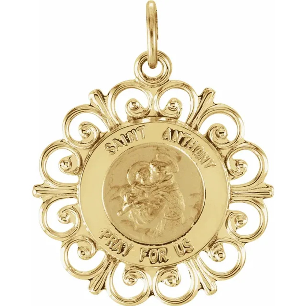 This Round St Anthony Pendant Medal features dimensions of 18.5 millimeters, approximately 3/4-inch round. Made of 14K Yellow Gold, this religious jewelry piece weighs approximately 1.42 grams. 