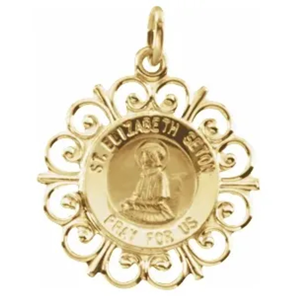 This 14K Solid Gold Medal is of Saint Elizabeth Seton (January 4th) St. Elizabeth Seton is the patron saint for the loss of parents.