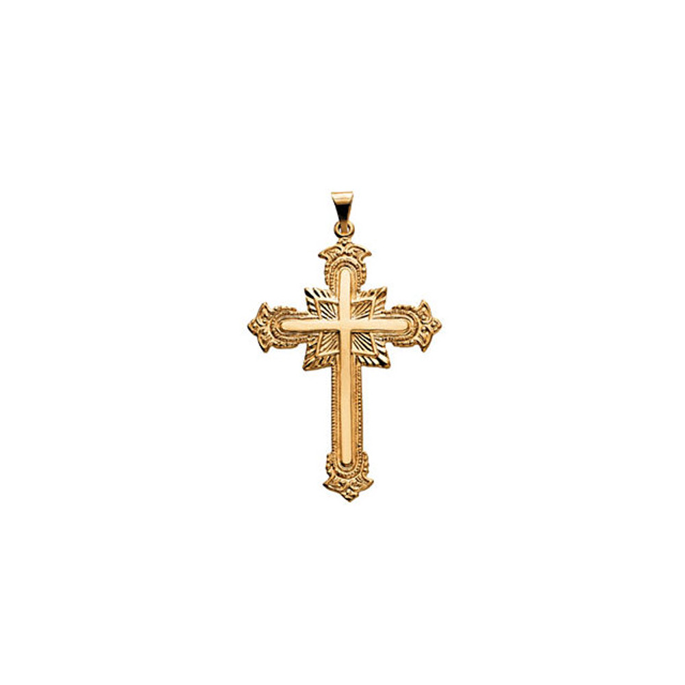 This cross pendant has an elegant yet substantial design in 14k yellow gold. The height is 43mm and the width is 31mm.