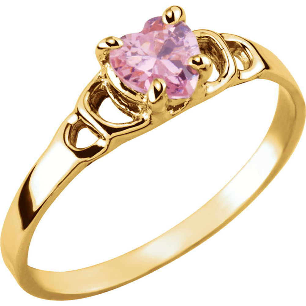 Pink Heart 4x4 mm Cubic Zirconia Youth Ring In 14K Yellow Gold. All rings are size 3.