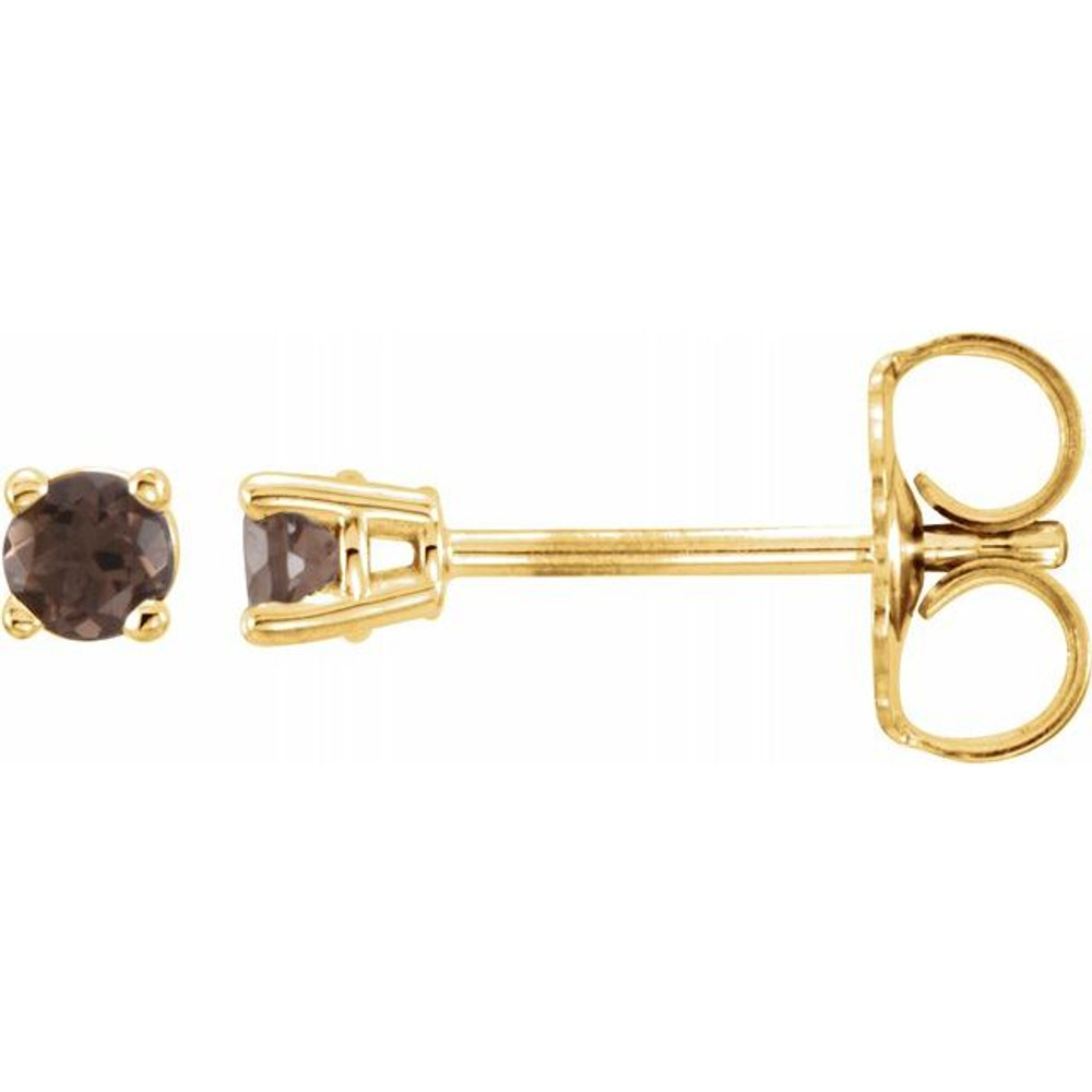 These round smoky quartz are set in 14K yellow gold. The posts of these fine jewelry earrings are secured by friction backs. Gently clean by rinsing in warm water and drying with a soft cloth.