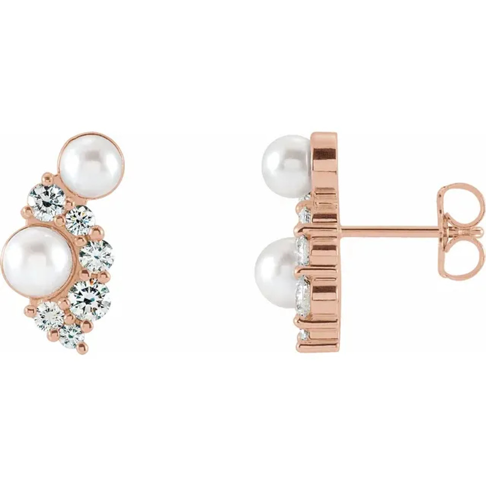 These beautiful pearl earrings feature four lustrous AA+ quality 4.0-4.5mm white Akoya pearls. The pearls are mounted on 14k rose gold with dazzling I1 clarity diamonds.