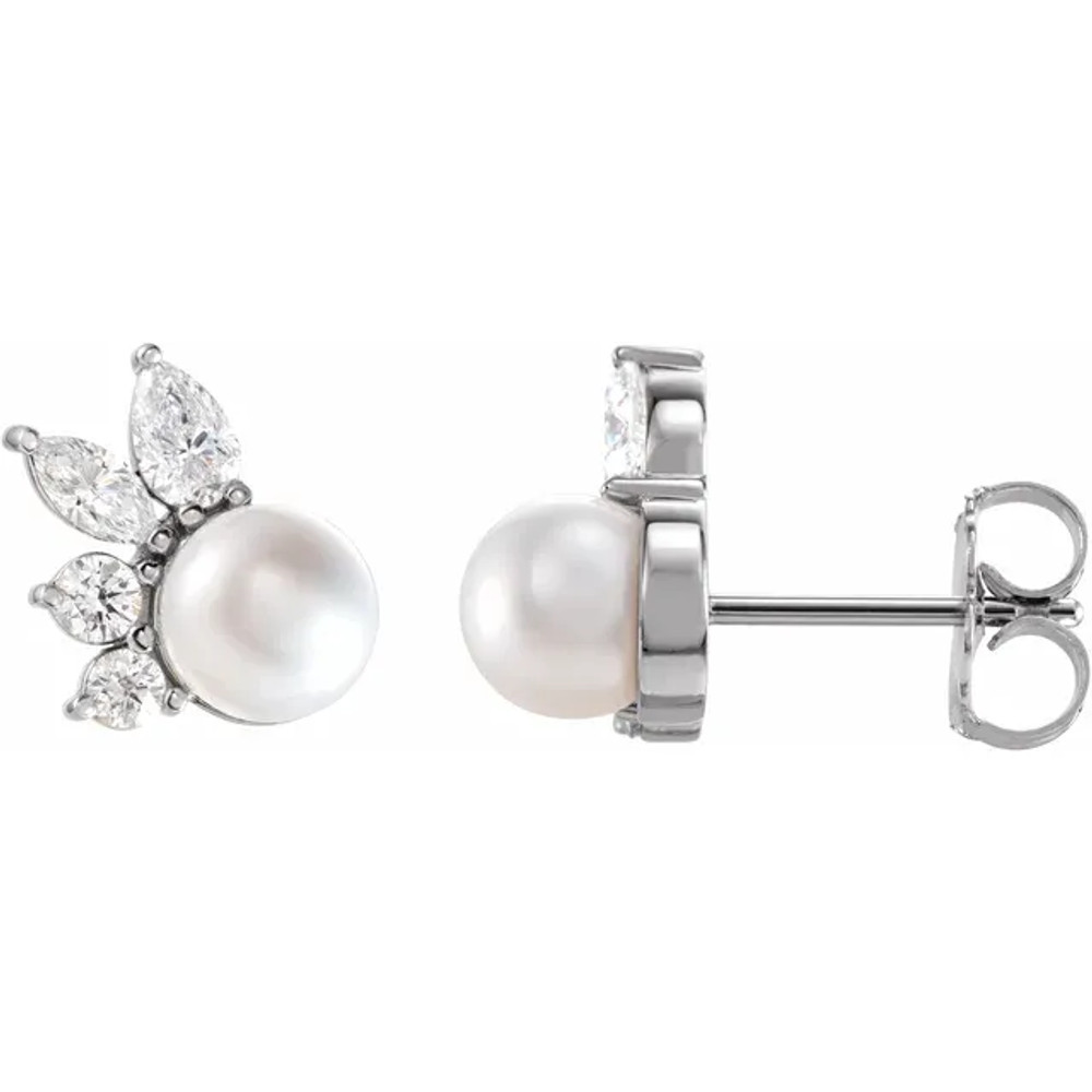 These beautiful pearls earrings add a touch of class to any occasion. The earrings feature two AA+ quality, 5.50mm Akoya cultured pearls, hand picked for their gorgeous luster and surface. The pearls are mounted with 1/2 carats of I1 and SI2-SI3 diamonds on 1.86 grams of the finest 14K gold. 