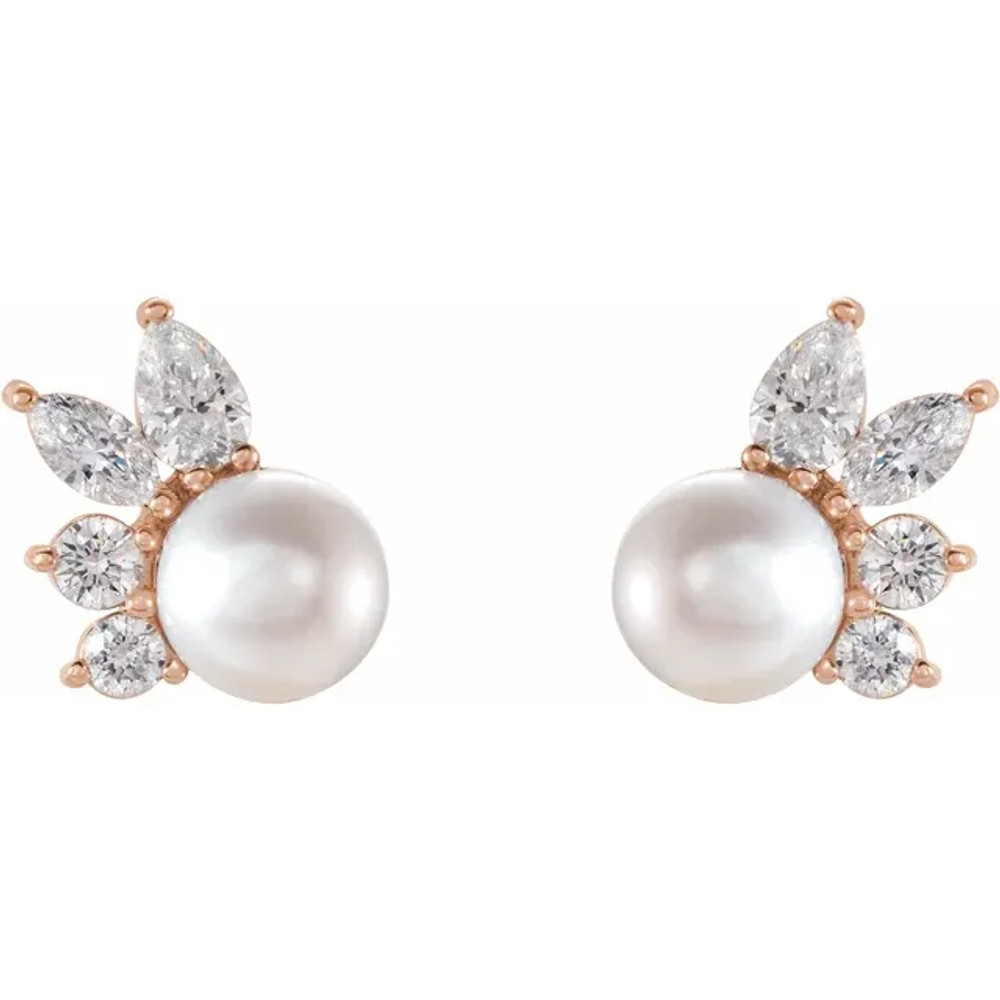 These beautiful pearls earrings add a touch of class to any occasion. The earrings feature two AA+ quality, 5.50mm Akoya cultured pearls, hand picked for their gorgeous luster and surface. The pearls are mounted with 1/2 carats of I1 and SI2-SI3 diamonds on 1.92 grams of the finest 14K gold. 