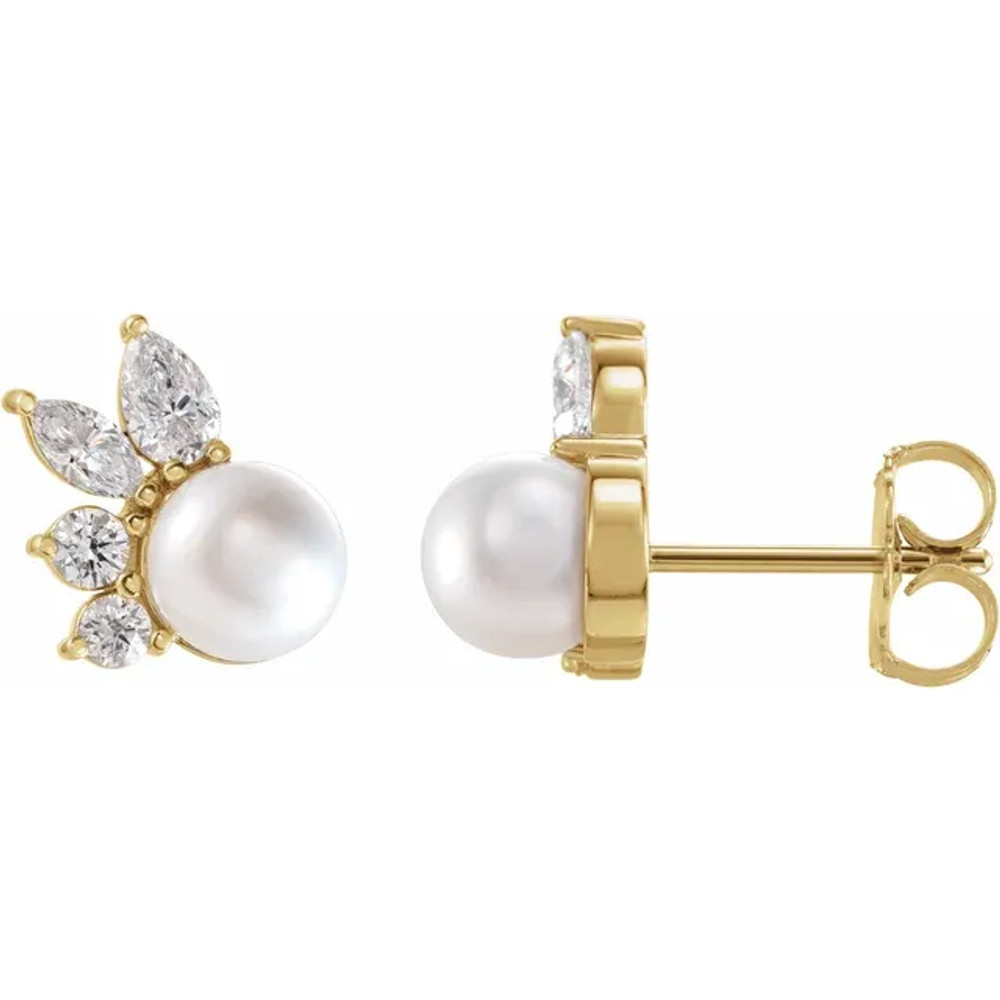These beautiful pearls earrings add a touch of class to any occasion. The earrings feature two AA+ quality, 5.50mm Akoya cultured pearls, hand picked for their gorgeous luster and surface. The pearls are mounted with 1/2 carats of I1 and SI2-SI3 diamonds on 1.91 grams of the finest 14K gold.