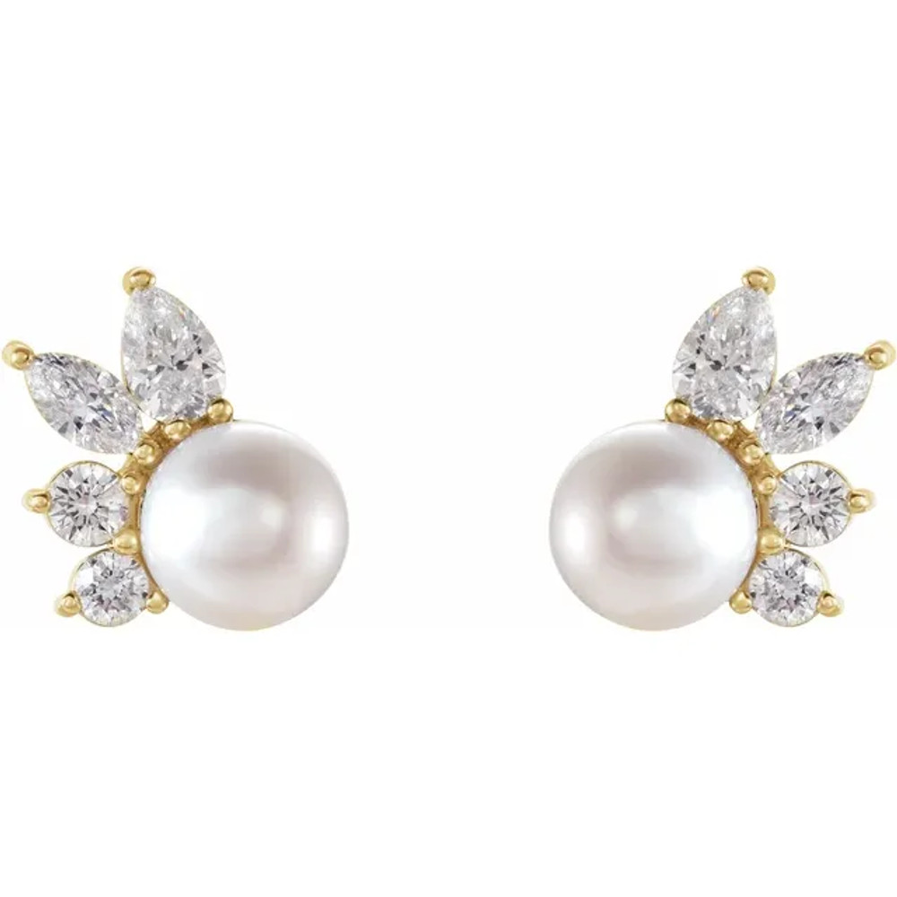 These beautiful pearls earrings add a touch of class to any occasion. The earrings feature two AA+ quality, 5.50mm Akoya cultured pearls, hand picked for their gorgeous luster and surface. The pearls are mounted with 1/2 carats of I1 and SI2-SI3 diamonds on 1.91 grams of the finest 14K gold. 