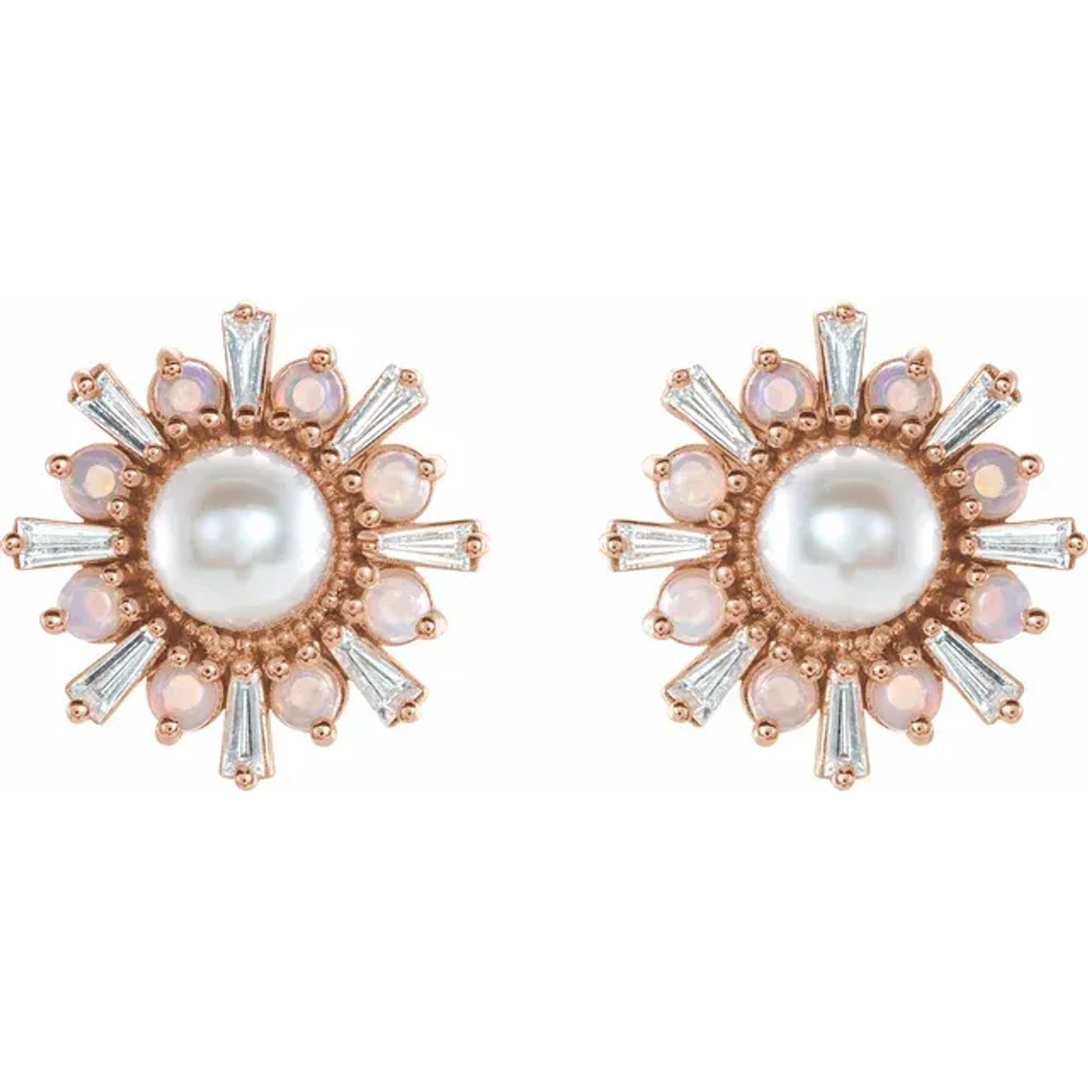 Graceful and elegant, these akoya pearl, white opal and diamond earrings offer a sophisticated look for the modern woman.