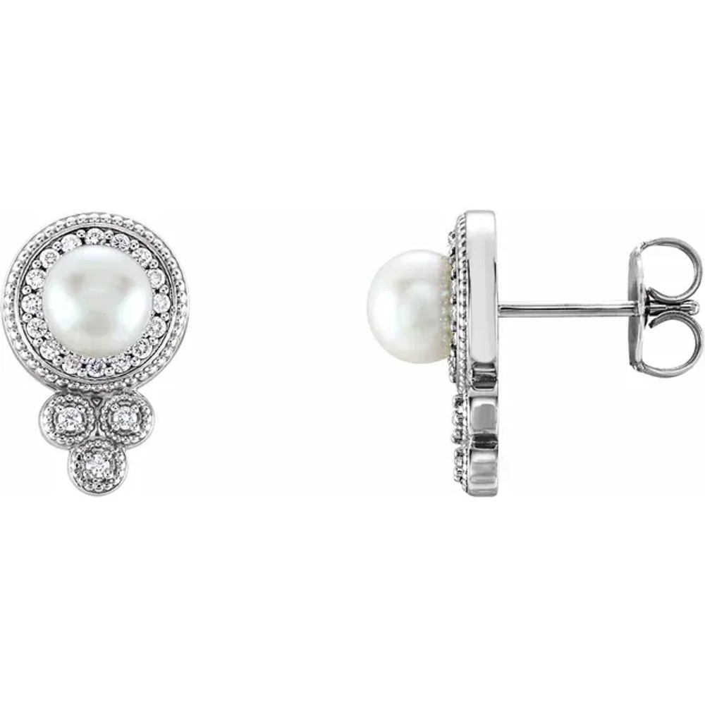 These elegant sterling silver earrings each feature a white freshwater cultured pearl with diamond accents. Diamonds are 1/5ctw, G or better in color, and I1 or better in clarity.