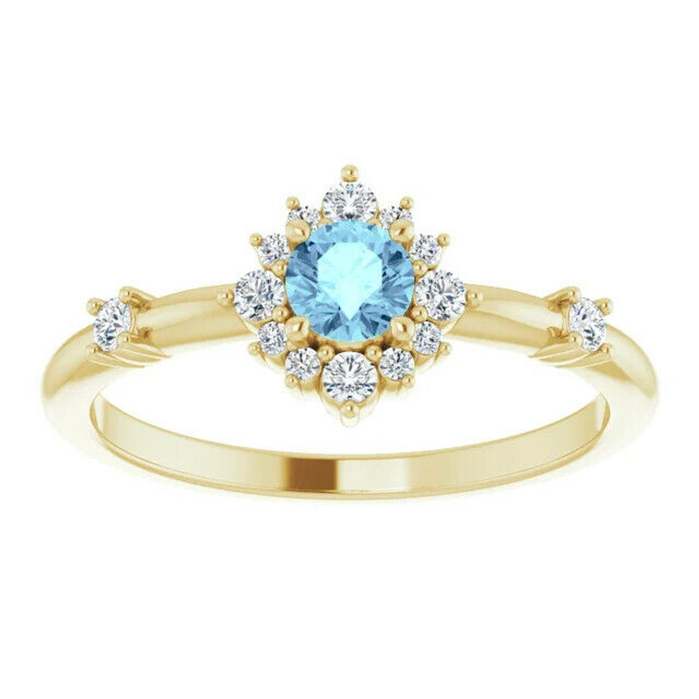Mark the beginning of your lifetime of romance with this aquamarine and diamond ring. Diamonds are G-H in color and I1 or better in clarity. Polished to a brilliant shine.