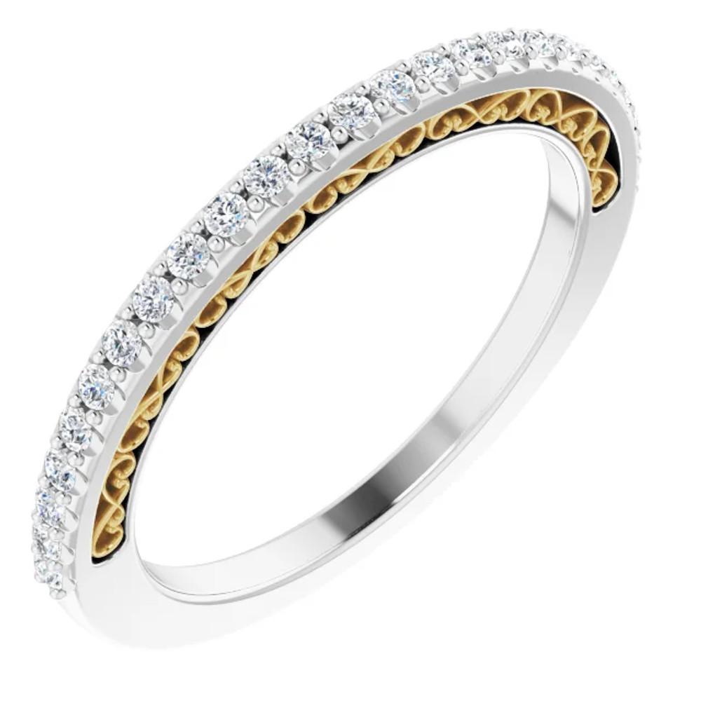 This stunning diamond band showcases 25 brilliant-cut round very sparkling diamonds of G-H Color, SI2-SI3 Clarity. The diamonds are set in a 14k White/Yellow Gold four-prong setting and are circling halfway around this semi eternity band.