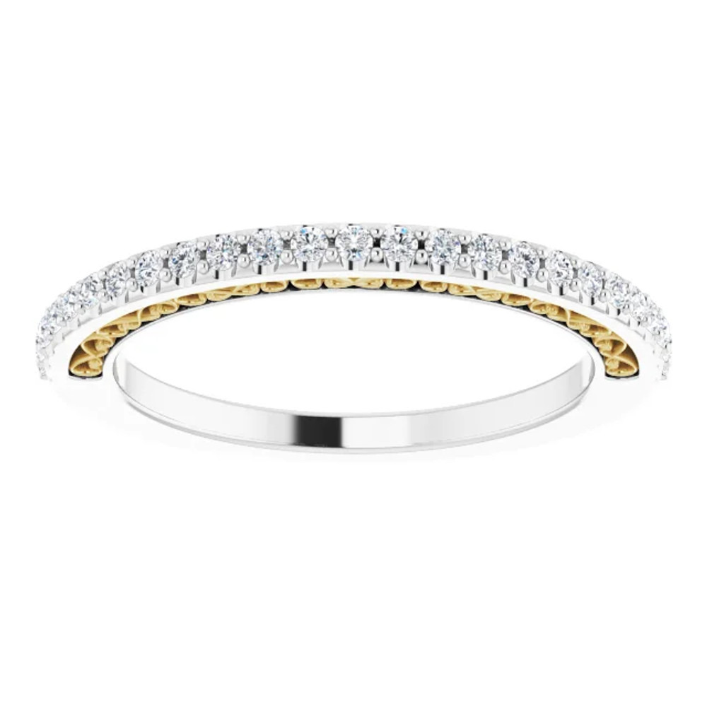 This stunning diamond band showcases 25 brilliant-cut round very sparkling diamonds of G-H Color, SI2-SI3 Clarity. The diamonds are set in a 14k White/Yellow Gold four-prong setting and are circling halfway around this semi eternity band.