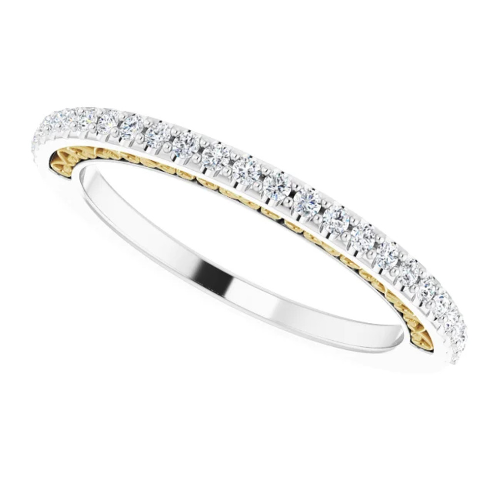 This stunning diamond band showcases 25 brilliant-cut round very sparkling diamonds of G-H Color, SI2-SI3 Clarity. The diamonds are set in a 14k White/Yellow Gold four-prong setting and are circling halfway around this semi eternity band.