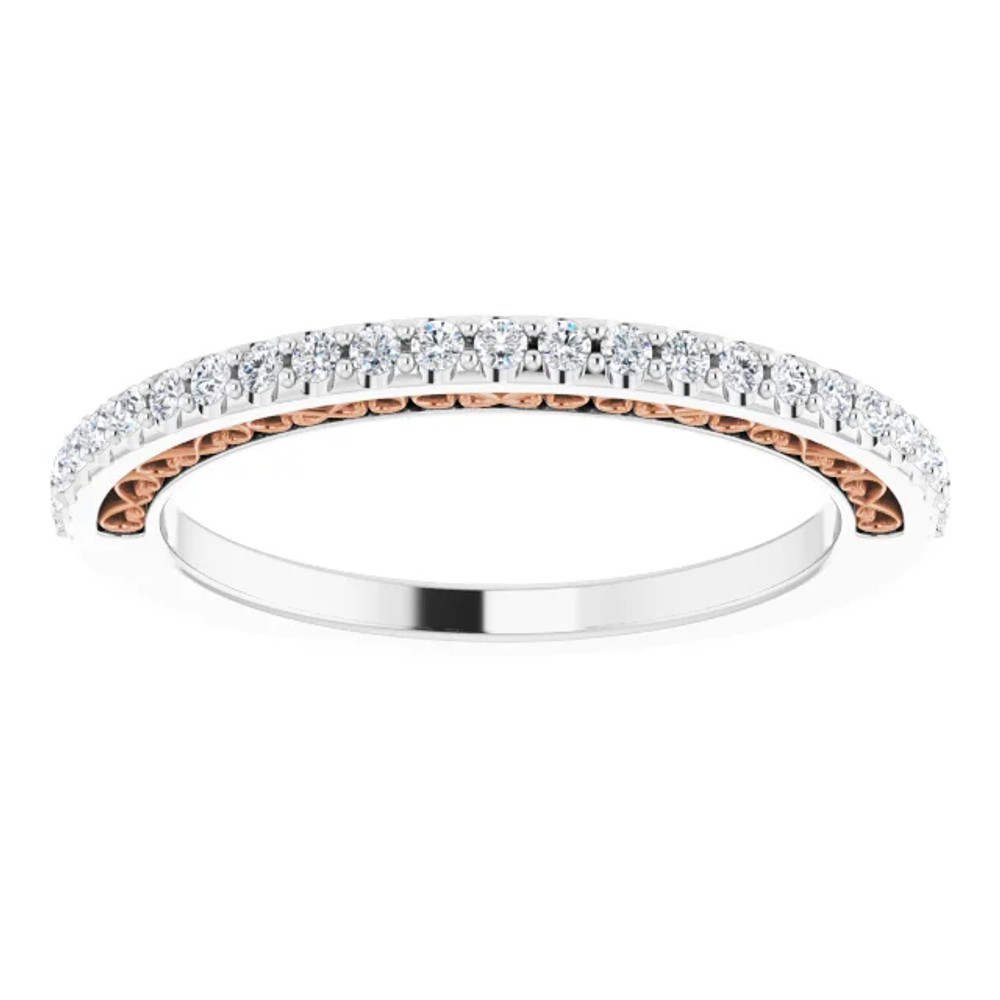 This stunning diamond band showcases 25 brilliant-cut round very sparkling diamonds of G-H Color, SI2-SI3 Clarity. The diamonds are set in a 14k White/Rose Gold four-prong setting and are circling halfway around this semi eternity band.