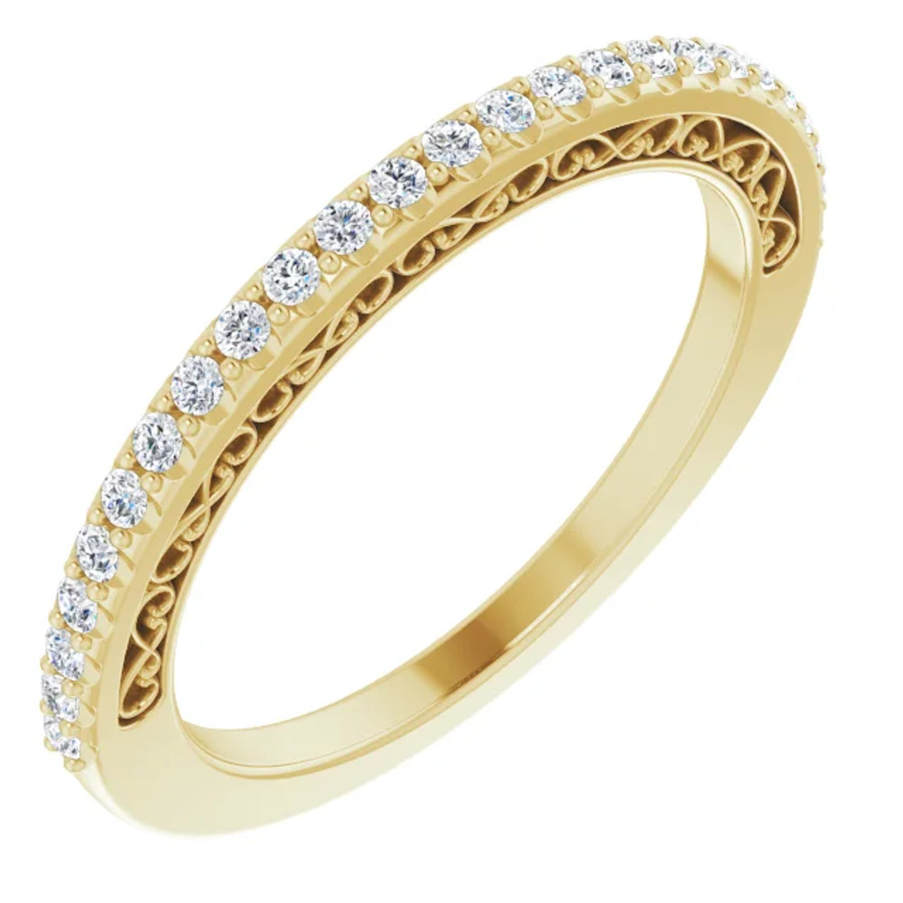 This stunning diamond band showcases 25 brilliant-cut round very sparkling diamonds of G-H Color, SI2-SI3 Clarity. The diamonds are set in a 14k Yellow Gold four-prong setting and are circling halfway around this semi eternity band.