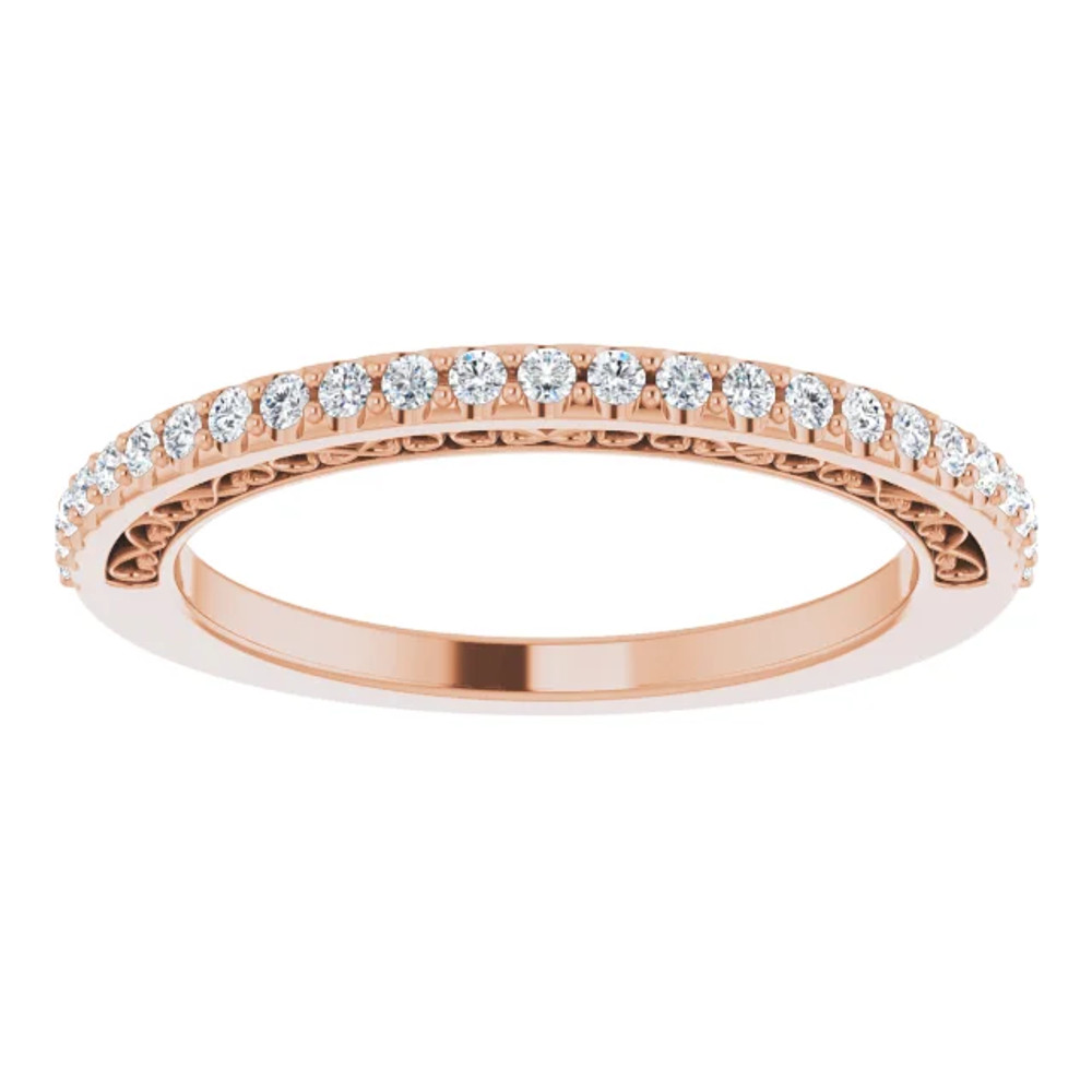 This stunning diamond band showcases 25 brilliant-cut round very sparkling diamonds of G-H Color, SI2-SI3 Clarity. The diamonds are set in a 14k Rose Gold four-prong setting and are circling halfway around this semi eternity band.