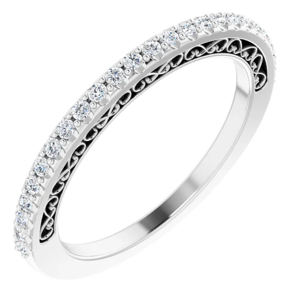 This stunning diamond band showcases 25 brilliant-cut round very sparkling diamonds of G-H Color, SI2-SI3 Clarity. The diamonds are set in a 14k White Gold four-prong setting and are circling halfway around this semi eternity band.