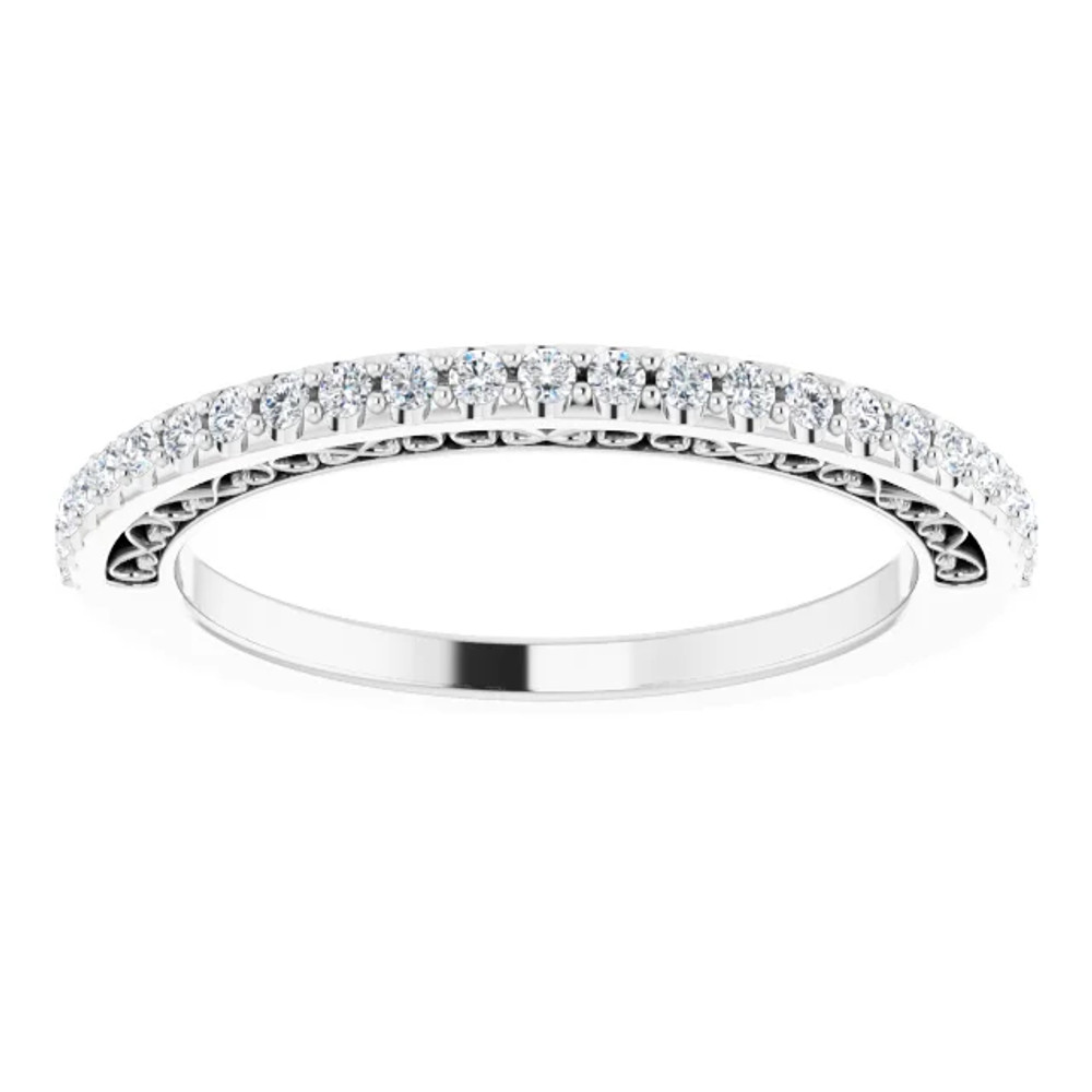 This stunning diamond band showcases 25 brilliant-cut round very sparkling diamonds of G-H Color, SI2-SI3 Clarity. The diamonds are set in platinum four-prong setting and are circling halfway around this semi eternity band.