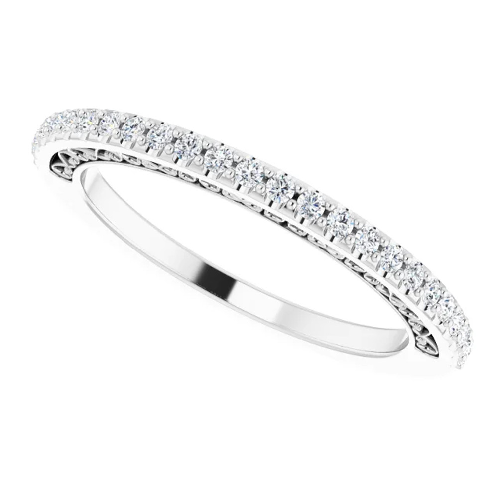This stunning diamond band showcases 25 brilliant-cut round very sparkling diamonds of G-H Color, SI2-SI3 Clarity. The diamonds are set in platinum four-prong setting and are circling halfway around this semi eternity band.