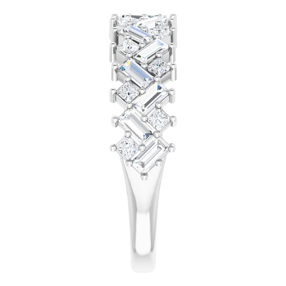 Honor your special day with this exceptional diamond anniversary band. Expertly crafted in 14K white gold, this exquisite choice showcases thirty sparkling diamonds, each boasting a color rank of G-H-I and clarity of SI2-SI3. Captivating with 9/10 ct. t.w. of diamonds and a bright polished shine, this ring adds shimmer to her bridal look.
