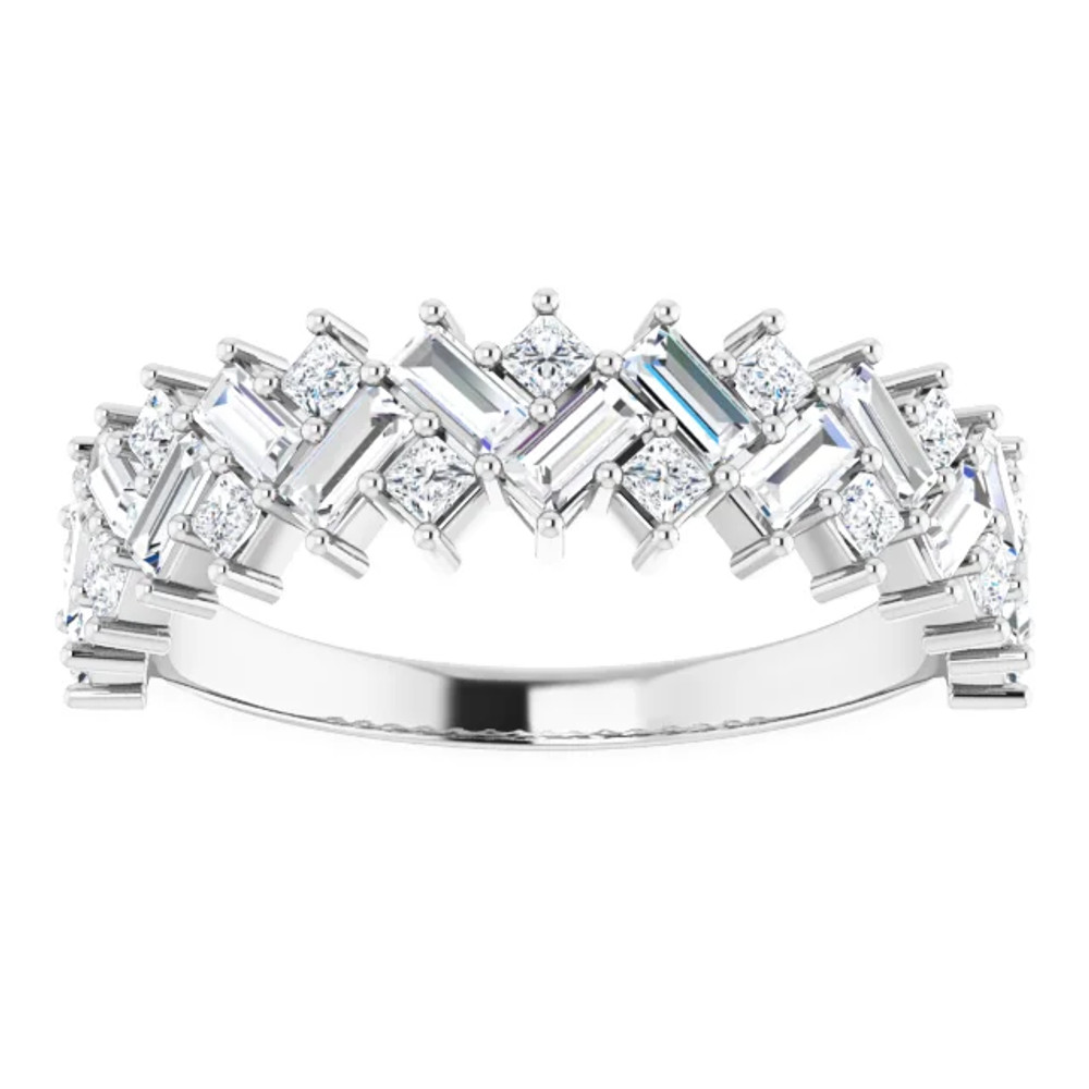 Honor your special day with this exceptional diamond anniversary band. Expertly crafted in Platinum, this exquisite choice showcases thirty sparkling diamonds, each boasting a color rank of G-H-I and clarity of SI2-SI3. Captivating with 9/10 ct. t.w. of diamonds and a bright polished shine, this ring adds shimmer to her bridal look.