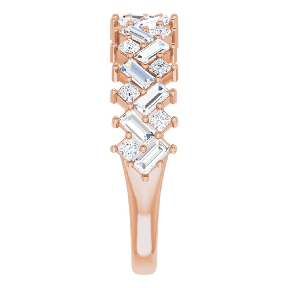 Honor your special day with this exceptional diamond anniversary band. Expertly crafted in 14K rose gold, this exquisite choice showcases thirty sparkling diamonds, each boasting a color rank of G-H-I and clarity of SI2-SI3. Captivating with 9/10 ct. t.w. of diamonds and a bright polished shine, this ring adds shimmer to her bridal look.