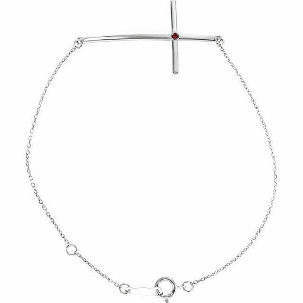 This bracelet fashioned in sterling silver features a sideways cross centered along a 8.0-inch chain that secures with a spring ring clasp.