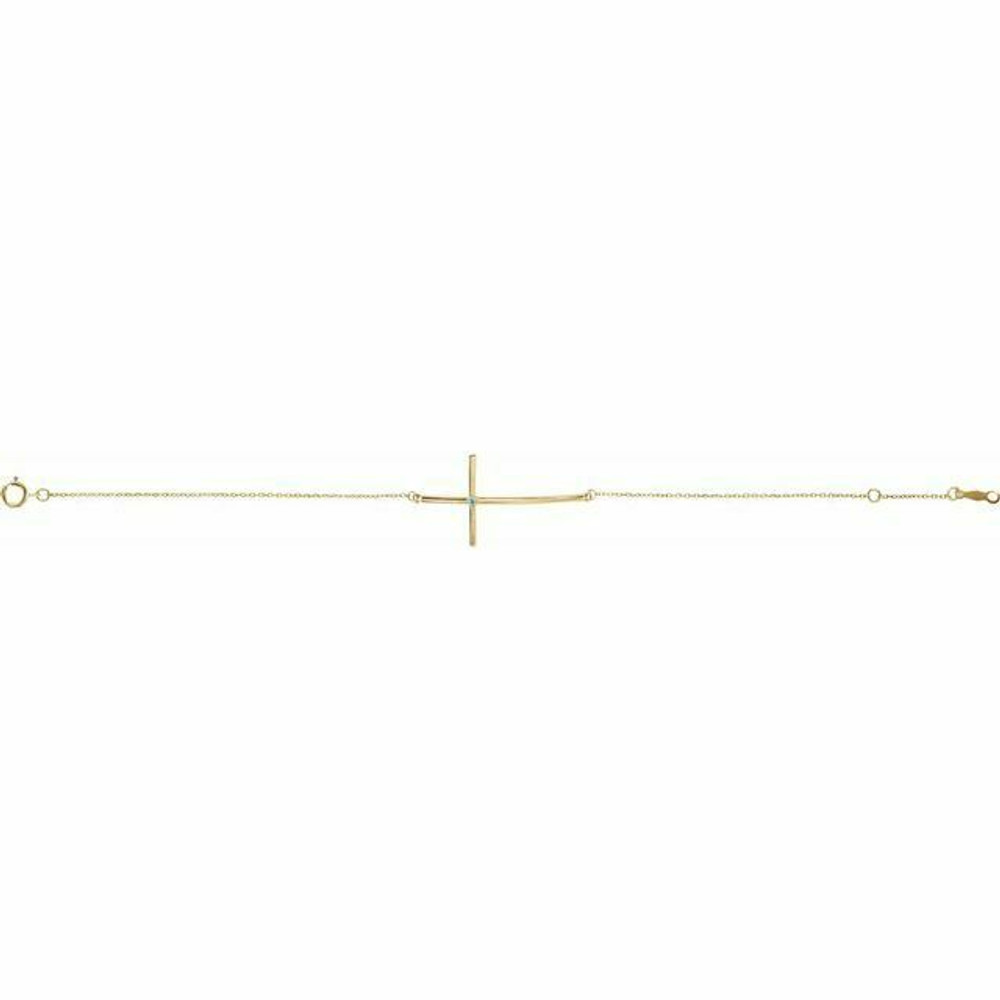Genuine Aquamarine Sideways Cross Bracelet In 14K Yellow Gold
