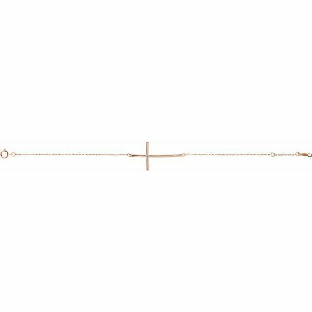 Genuine Aquamarine Sideways Cross Bracelet In 14K Rose Gold