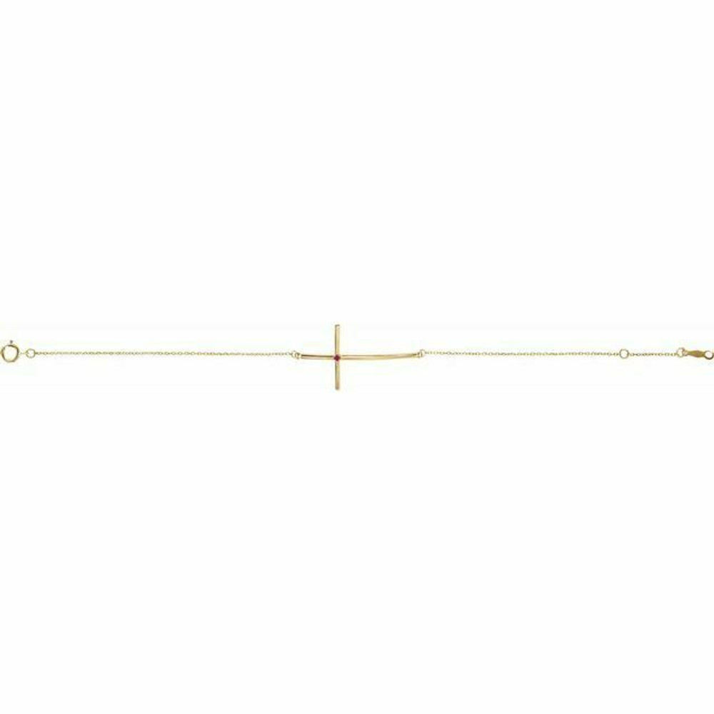 Genuine Ruby Sideways Cross Bracelet In 14K Yellow Gold