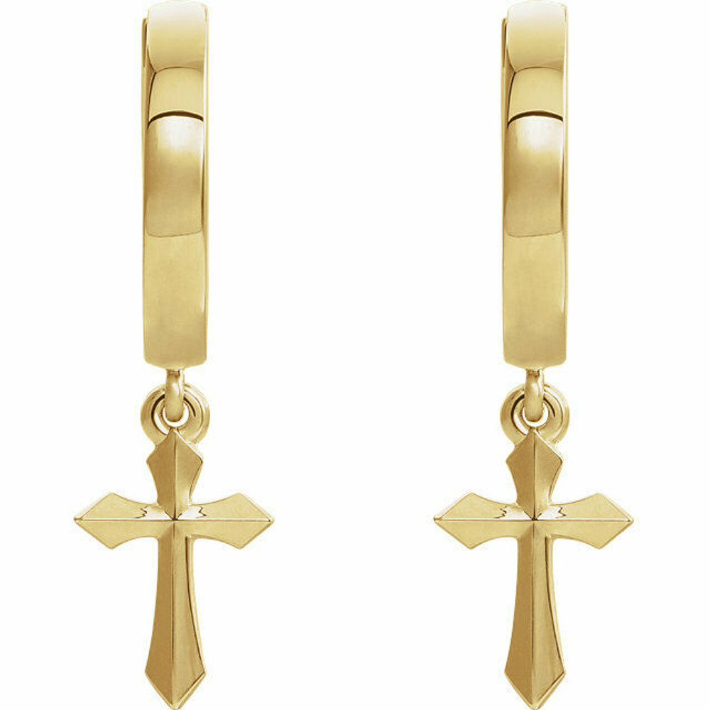 Simple elegance in a faith inspired design cross dangle earrings fashioned from 14k yellow gold. Earrings measure 20.10x2.40mm with a bright polish to shine.