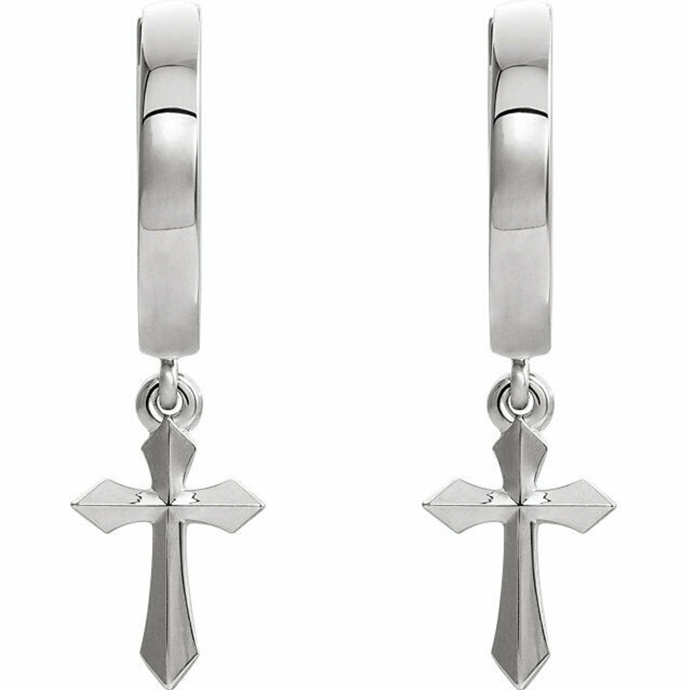 Simple elegance in a faith inspired design cross dangle earrings fashioned in platinum. Earrings measure 20.10x2.40mm with a bright polish to shine.