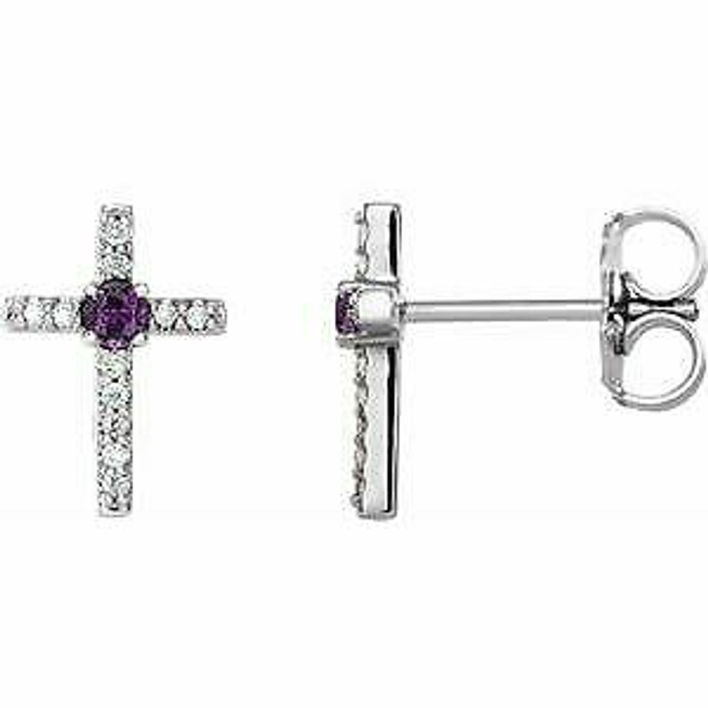 Chatham® Created Alexandrite & .06 CTW Diamond Cross Earrings In 14K White Gold