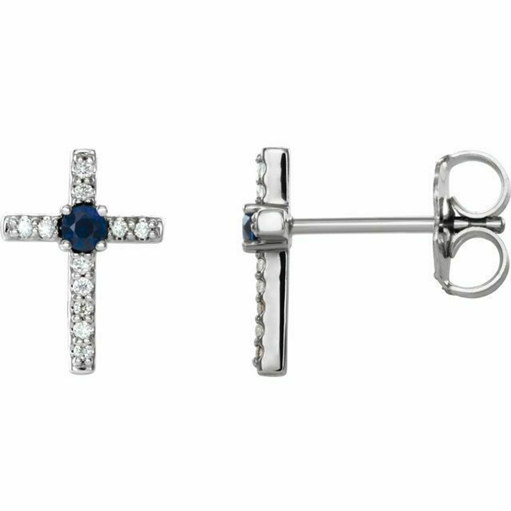 Chatham® Created Blue Sapphire & .06 CT Diamond Cross Earrings In 14K White Gold
