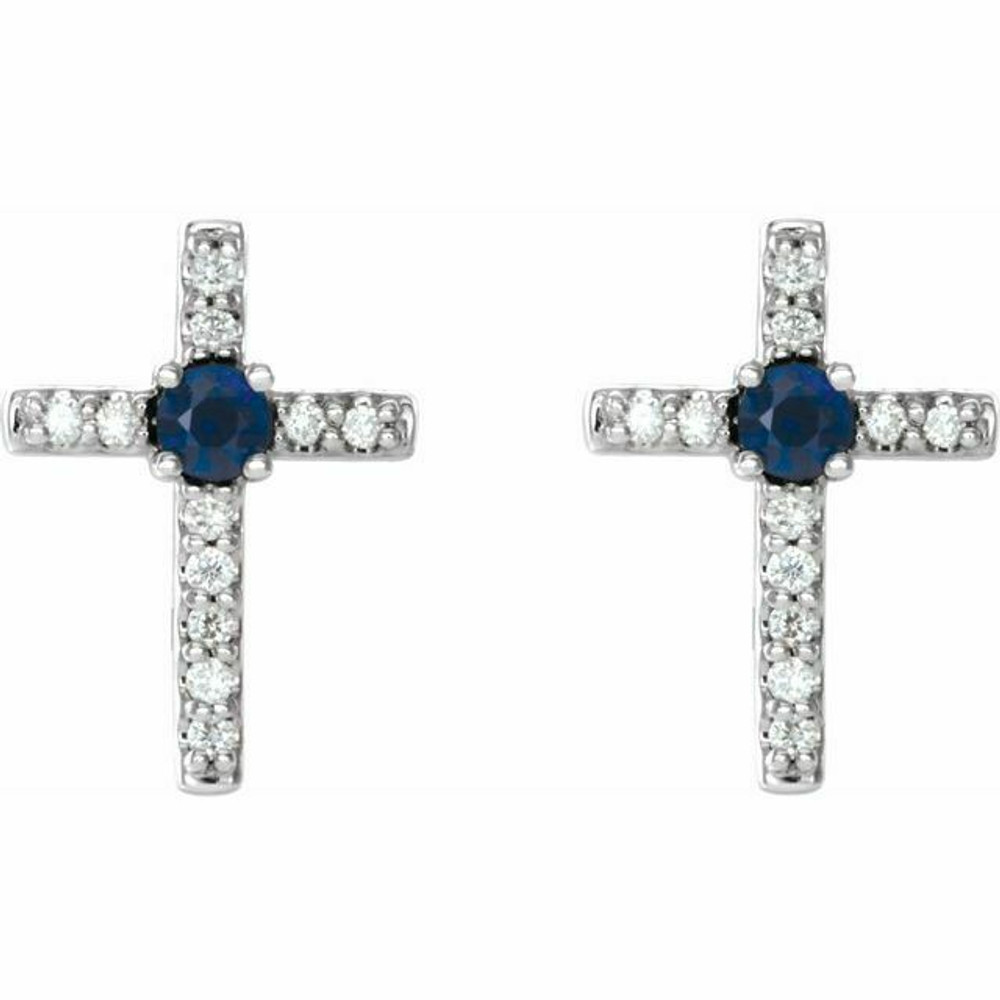 Chatham® Created Blue Sapphire & .06 CT Diamond Cross Earrings In 14K White Gold