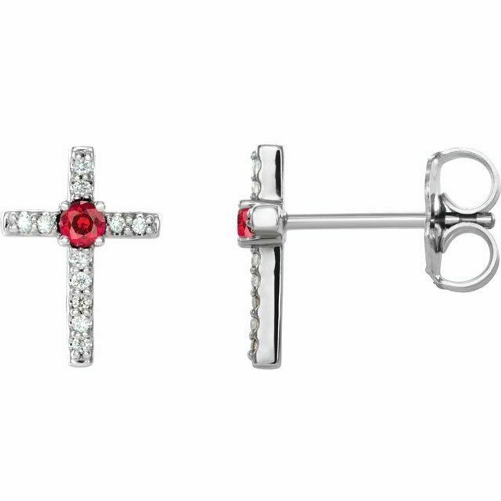Chatham® Created Ruby & .06 CT Diamond Cross Earrings In Platinum