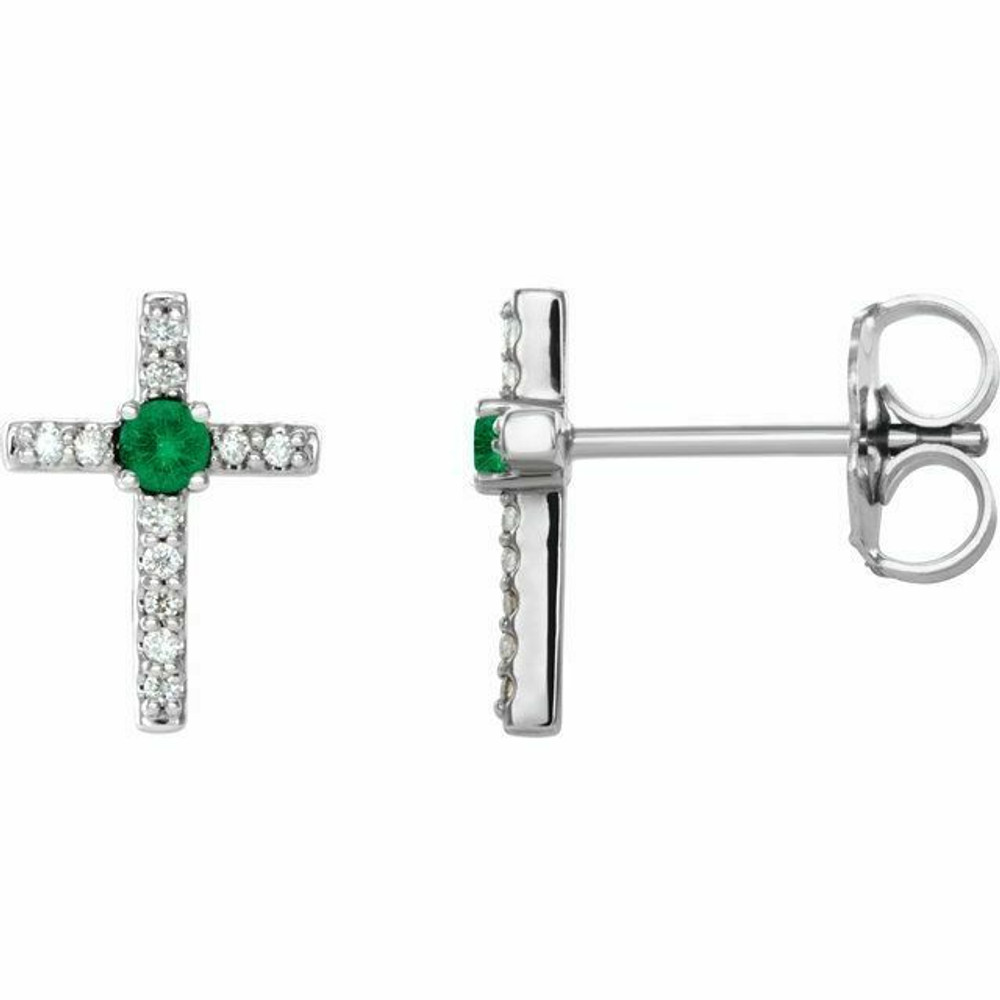 Chatham® Created Emerald & .06 CT Diamond Cross Earrings In 14K White Gold