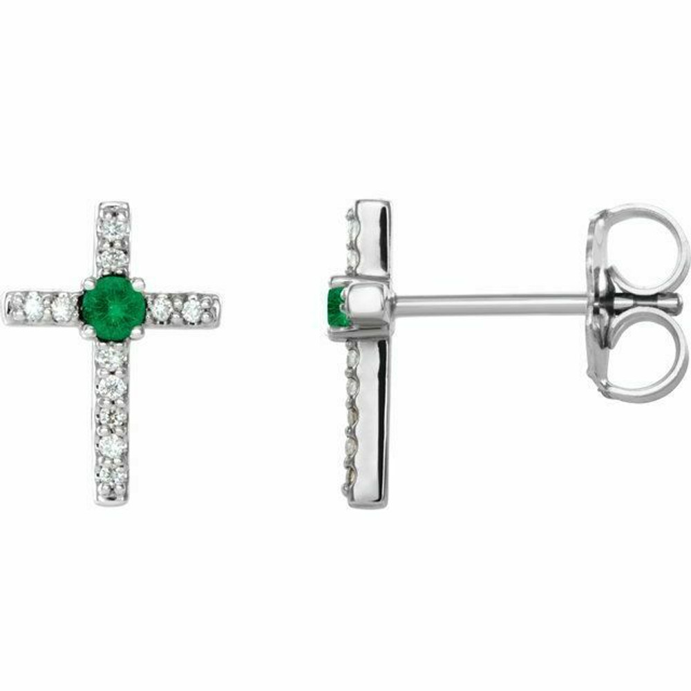 Emerald & .06CT Diamond Cross Earrings In Platinum 