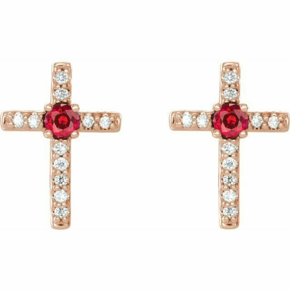 Chatham® Created Ruby & .06CT Diamond Cross Earrings In 14K Rose Gold