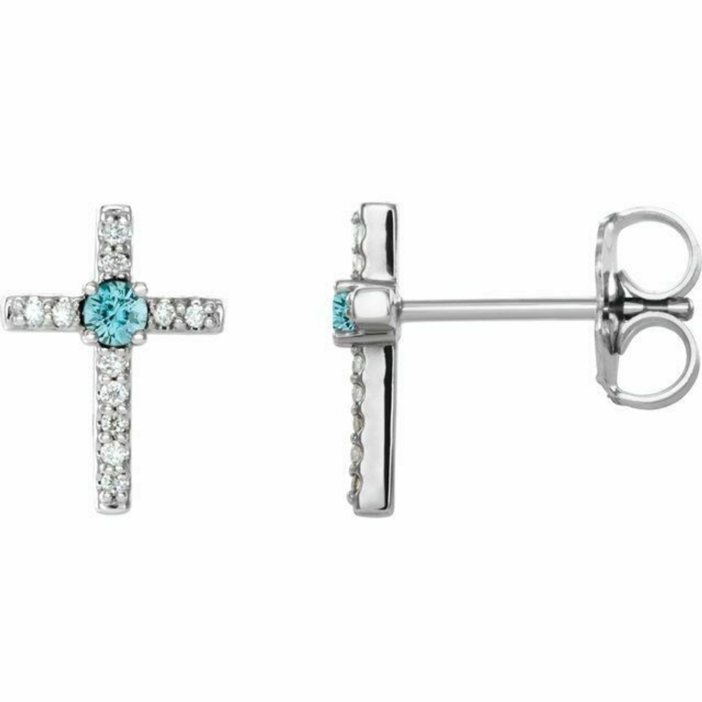 Blue Zircon & .06CT Diamond Cross Earrings In Platinum