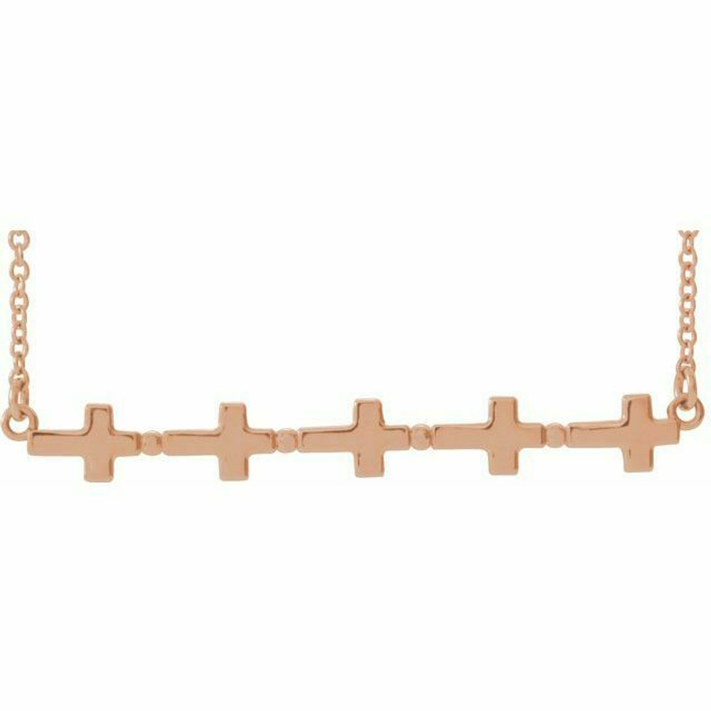 A sideways cross bar 18" necklace is crafted in polished 14k rose gold to create this lovely symbol of faith. Polished to a brilliant shine. 