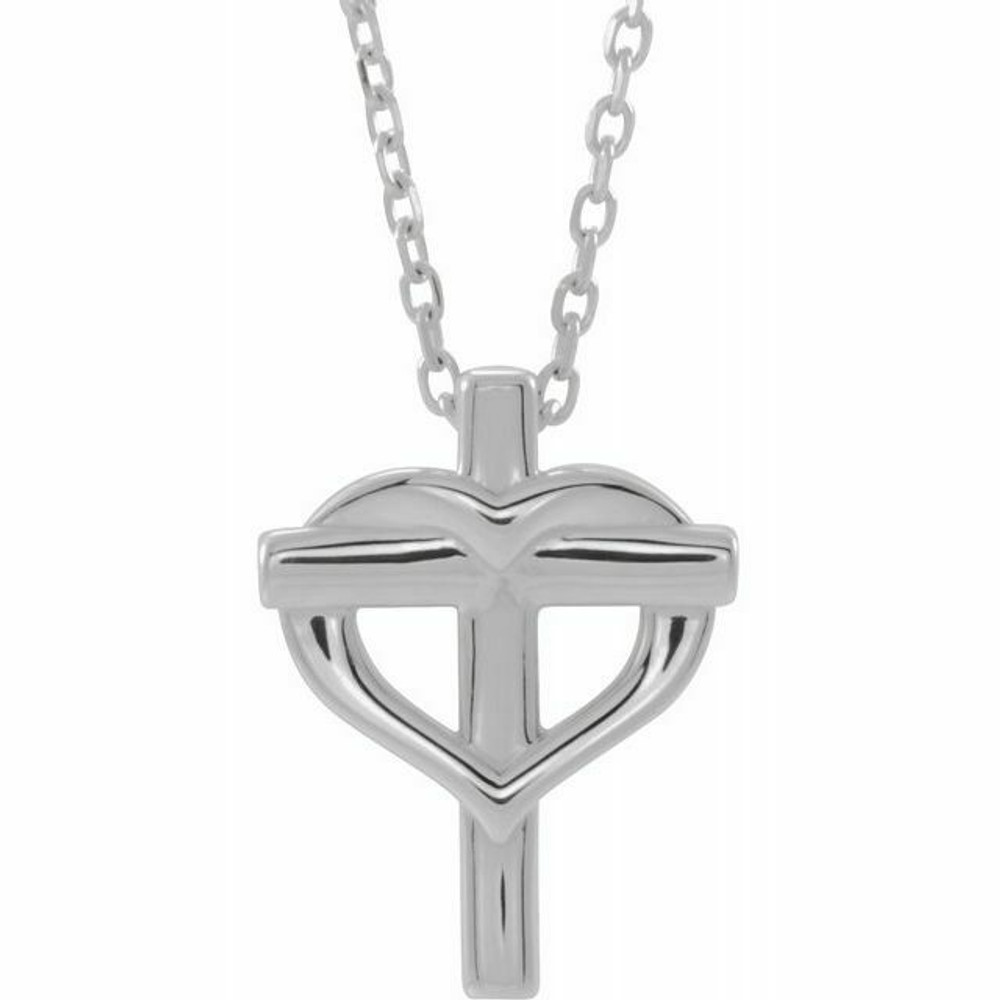 This youth cross with heart 15 inch necklace has an elegant design in 14K white gold. Pendant measures 13.30x9.90 mm and has a bright polish to shine.