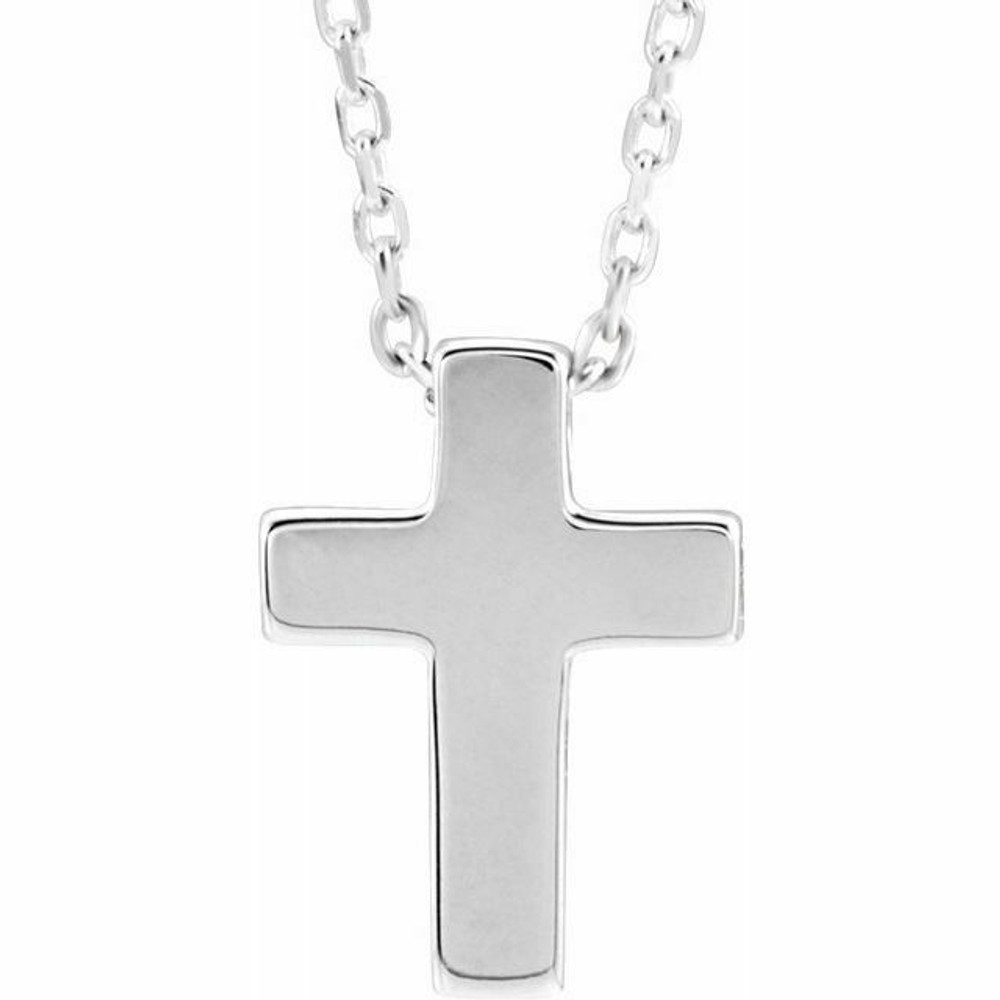 The simplicity of your faith is represented by this sterling silver cross 16-18" adjustable necklace. Polished to a brilliant shine. 