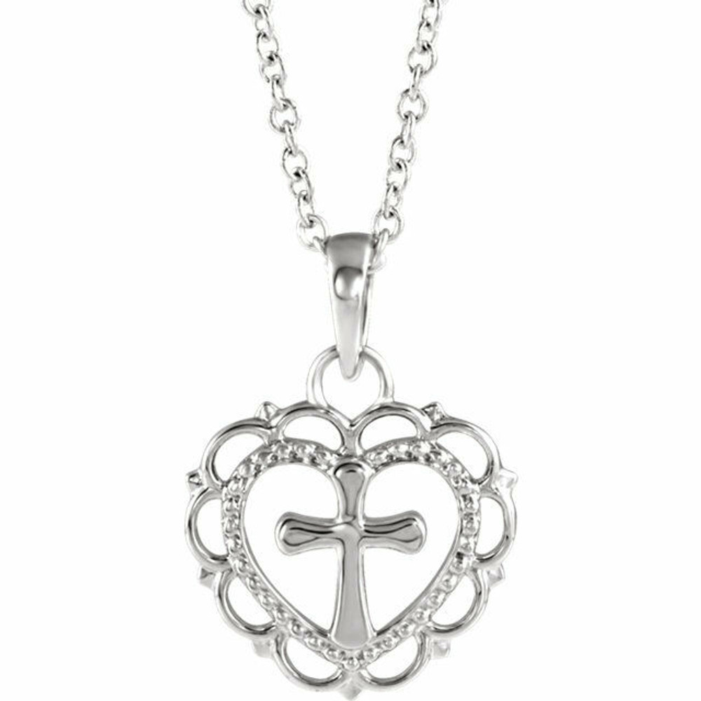 This heart with cross youth 16-18" adjustable necklace has an elegant design in platinum. Pendant measures 15.50x11.70mm and has a bright polish to shine.
