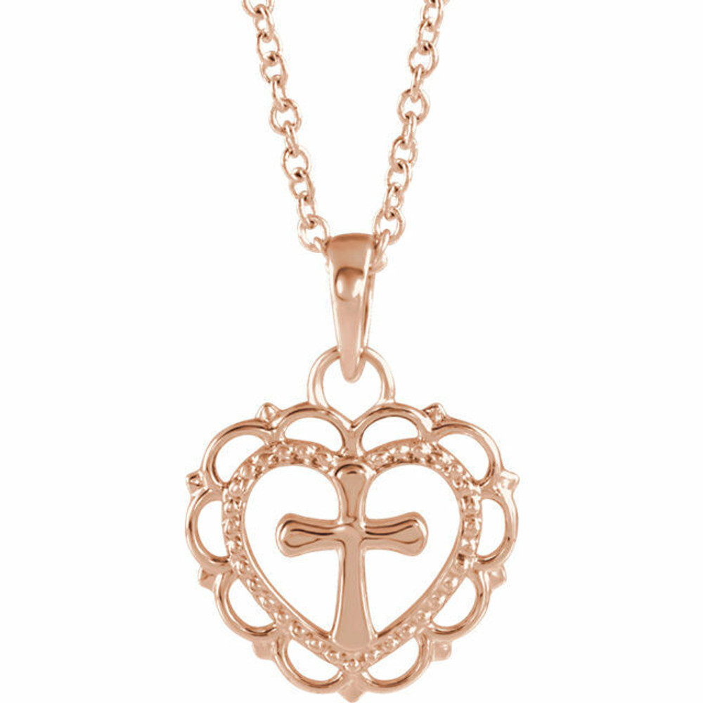 This heart with cross youth 16-18" adjustable necklace has an elegant design in 14K Rose Gold. Pendant measures 15.50x11.70mm and has a bright polish to shine.